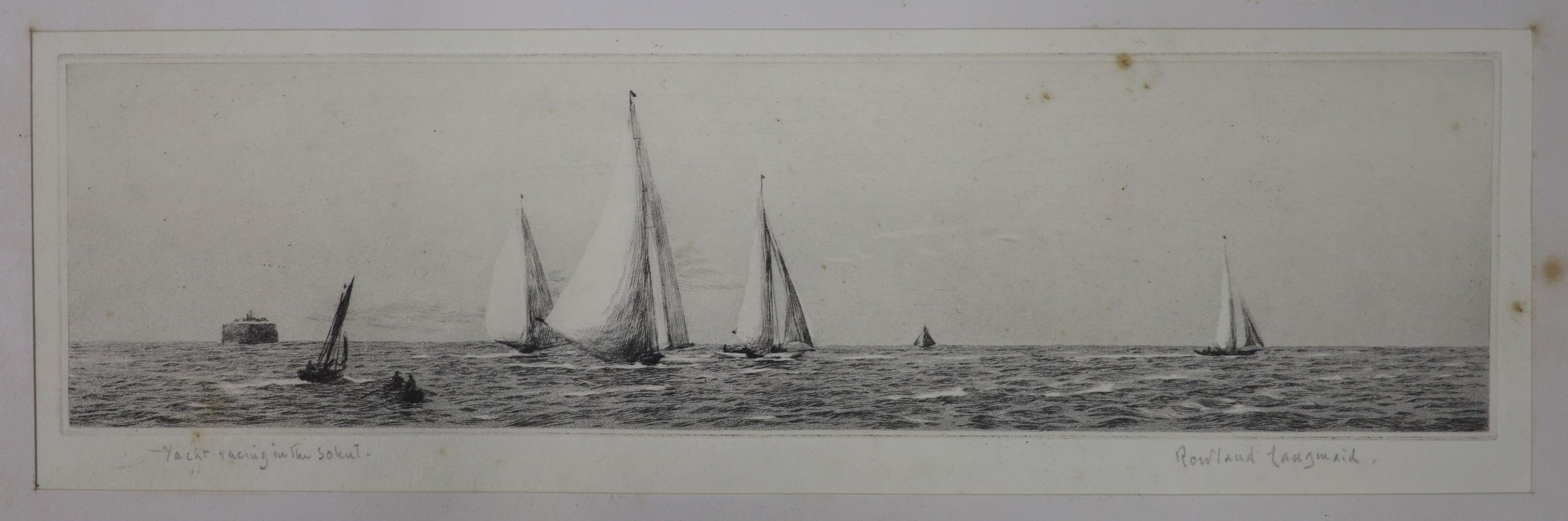 Rowland Langmaid (1897-1956), drypoint etching, Yacht racing in the Solent, signed in pencil, 8.5 x 32cm